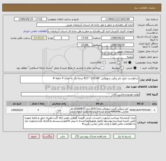 استعلام درخواست خرید تایر برفی سوزوکی  R17-  225-65 درجه یک به تعداد 4 حلقه # 