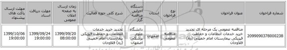 مناقصه عمومی یک مرحله ای تجدید خرید خدمات انتظامات و حفاظت فیزیکی بیمارستان امام خمینی (ره) فلاوجان