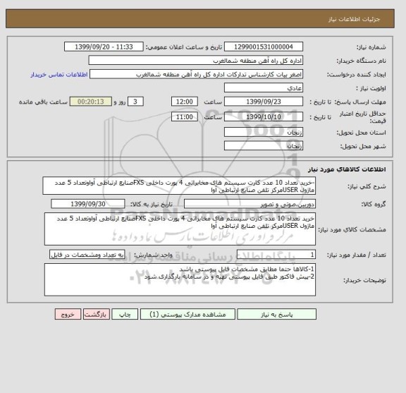 استعلام -خرید تعداد 10 عدد کارت سیستم های مخابراتی 4 پورت داخلی FXSصنایع ارتباطی آواوتعداد 5 عدد ماژول USERمرکز تلفن صنایع ارتباطی آوا