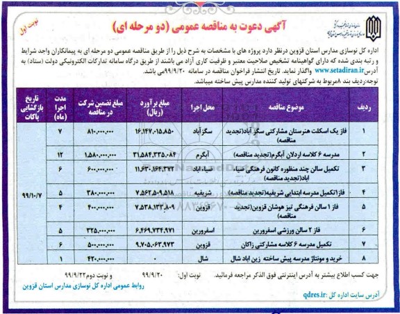 مناقصه ، مناقصه فاز یک اسکلت هنرستان مشارکتی  و...