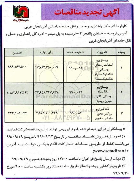 مناقصه، مناقصه بهسازی آسفالت راه های روستایی و .....