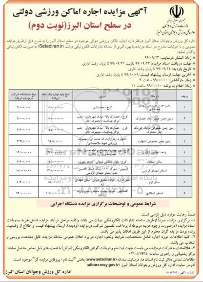 مزایده اجاره اماکن ورزشی دولتی نوبت دوم 