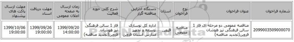 مناقصه عمومی دو مرحله ای فاز 1 سالن فرهنگی تیز هوشان قزوین(تجدید مناقصه)