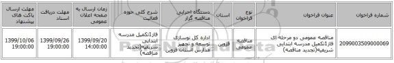 مناقصه عمومی دو مرحله ای فاز1تکمیل مدرسه ابتدایی شریفیه(تجدید مناقصه)