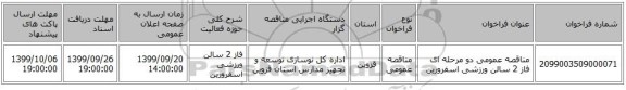 مناقصه عمومی دو مرحله ای فاز 2 سالن ورزشی اسفرورین