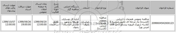 مناقصه عمومی همزمان با ارزیابی (فشرده) یک مرحله ای تکمیل مدرسه 6 کلاسه شهرک فیروزه نیشابور (خیر-آقای امینی پور)