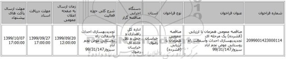 مناقصه عمومی همزمان با ارزیابی (فشرده) یک مرحله ای تجدیدبهسازی احداث وآسفالت راه روستایی عوض نجم اباد سبزوار99/31/147