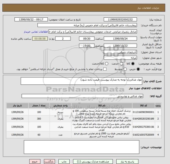 استعلام مواد غذائی(با توجه به مدارک پیوستی قیمت داده شود)