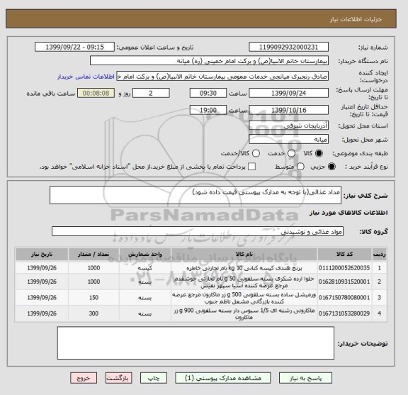 استعلام مداد غذائی(با توجه به مدارک پیوستی قیمت داده شود)