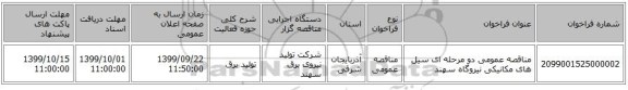 مناقصه عمومی دو مرحله ای سیل های مکانیکی نیروگاه سهند
