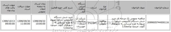 مناقصه عمومی یک مرحله ای خرید شش دستگاه الکتروپمپ شناور( مربوط به طرح آبرسانی به شهرهای گتوند، صیدون وباغملک)