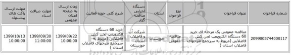 مناقصه عمومی یک مرحله ای خرید 60 دستگاه الکتروپمپ لجن کش فاضلابی (مربوط به  سرجمع  طرحهای  فاضلاب استان ) 