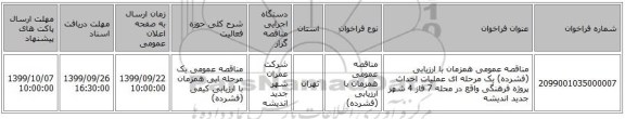مناقصه عمومی همزمان با ارزیابی (فشرده) یک مرحله ای عملیات احداث پروژه فرهنگی واقع در محله 7 فاز 4 شهر جدید اندیشه