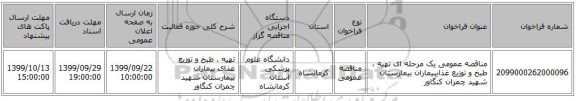 مناقصه عمومی یک مرحله ای تهیه ، طبخ و توزیع غذایبیماران بیمارستان شهید چمران کنگاور