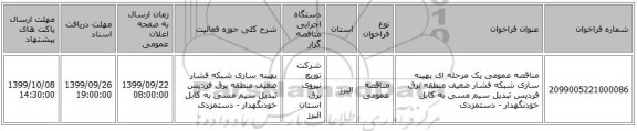 مناقصه عمومی یک مرحله ای بهینه سازی شبکه فشار ضعیف منطقه برق فردیس  تبدیل سیم مسی به کابل خودنگهدار - دستمزدی