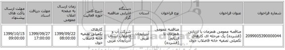 مناقصه عمومی همزمان با ارزیابی (فشرده) یک مرحله ای کارهای تکمیلی تصفیه خانه فاضلاب خوی