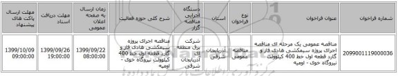 مناقصه عمومی یک مرحله ای مناقصه اجرای پروژه سیمکشی هادی فاز و گارد قطعه اول خط 400 کیلوولت نیروگاه خوی - اومیه