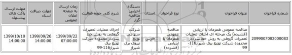 مناقصه عمومی همزمان با ارزیابی (فشرده) یک مرحله ای اجرای عملیات تعمیرات گروهی به روش خط سرددر محدوده شرکت توزیع برق شیراز116-99