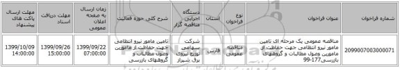 مناقصه عمومی یک مرحله ای تامین مامور نیرو انتظامی جهت حفاظت از مامورین وصول مطالبات و گروههای بازرسی177-99