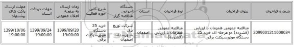 مناقصه عمومی همزمان با ارزیابی (فشرده) دو مرحله ای خرید 25 دستگاه موتورسیکلت برقی