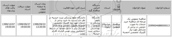 مناقصه عمومی یک مرحله ای مناقصه خرید خدمات به صورت حجمی در برخی از مشاغل مورد نیاز کلینیک تخصصی احمدیه