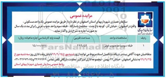 مزایده مزایده اجاره یک واحد مسکوی264.52 مترمربع 