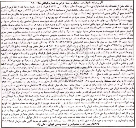 مزایده،مزایده دو دانگ مشاع از ششدانگ یک قطعه آپارتمان