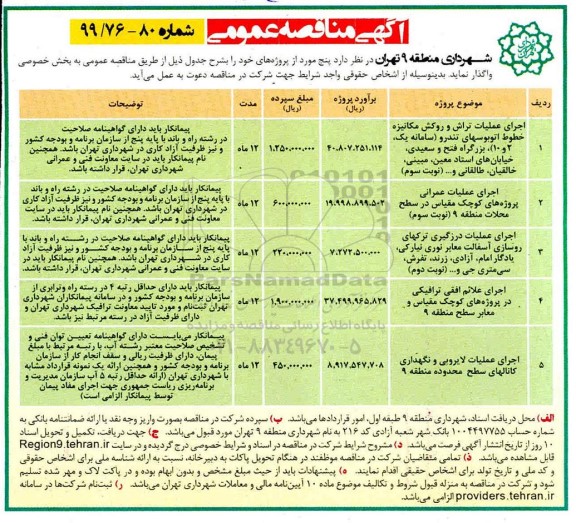 آگهی مناقصه عمومی , مناقصه اجرای عملیات تراش و روکش مکانیزه خطوط اتوبوسهای تندرو ...