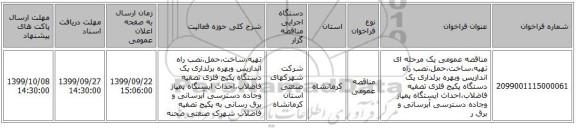 مناقصه عمومی یک مرحله ای تهیه،ساخت،حمل،نصب راه اندازیس وبهره برئداری یک دستگاه پکیج فلزی تصفیه فاضلاب،احداث ایستگاه پمپاژ وجاده دسترسی آبرسانی و برق ر