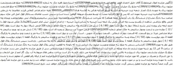 آگهی مزایده ششدانگ یک باب آپارتمان( طبقه همکف) که مساحت ششدانگ 79/30مترمربع