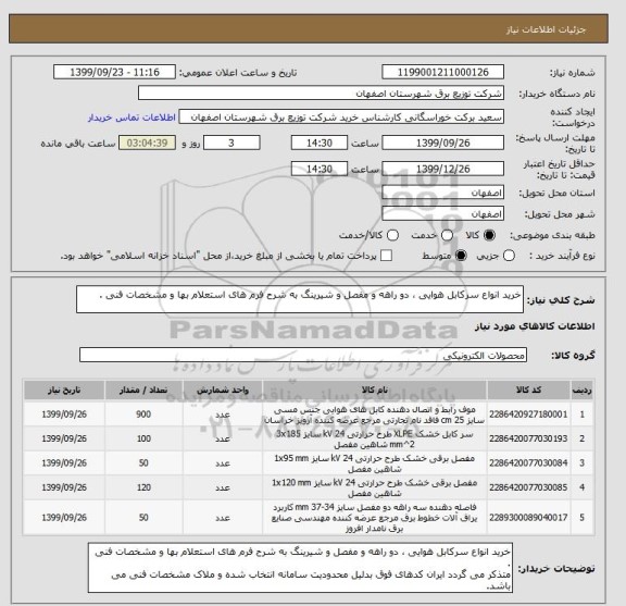 استعلام خرید انواع سرکابل هوایی ، دو راهه و مفصل و شیرینگ به شرح فرم های استعلام بها و مشخصات فنی .
