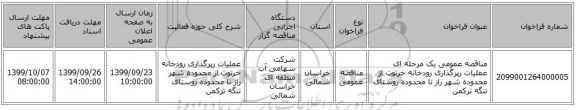 مناقصه عمومی یک مرحله ای عملیات رپرگذاری رودخانه خرتوت از محدوده شهر راز تا محدوده روستای تنگه ترکمن