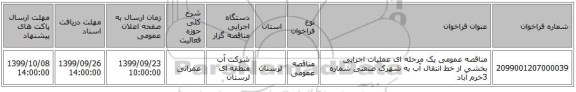مناقصه عمومی یک مرحله ای عملیات اجرایی بخشی از خط انتقال آب به شهرک صنعتی شماره 3خرم آباد