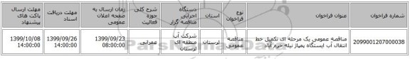 مناقصه عمومی یک مرحله ای تکمیل خط انتقال آب ایستگاه پمپاژ نیله خرم آباد