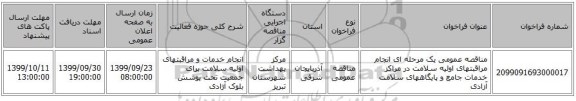مناقصه عمومی یک مرحله ای انجام مراقبتهای اولیه سلامت در مراکز خدمات جامع و پایگاههای سلامت آزادی
