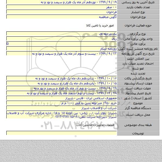 خرید ۱۳۵۰ متر لوله بتنی به قطر ۱۰۰۰ م م