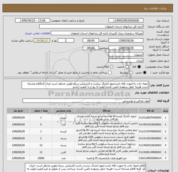 استعلام ادویه جات به صورت فله باشدلیمو خشک درشت و کشمش سیاه پلویی مدنظر است ایران کداقلام مشابه است هزینه حمل برعهده تامین کننده تولید به روز و با کیفیت باشد