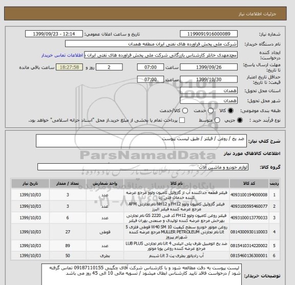 استعلام ضد یخ / روغن / فیلتر / طبق لیست پیوست