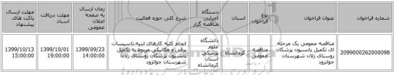 مناقصه عمومی یک مرحله ای تکمیل پانسیون پزشکان روستای زلان شهرستان جوانرود