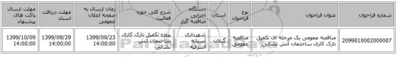 مناقصه عمومی یک مرحله ای تکمیل نازک کاری ساختمان آتش نشانی 