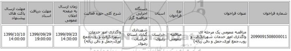 مناقصه عمومی یک مرحله ای واگذاری امور خدمات شهری(رفت و روب،جمع آوری،حمل و دفن زباله)