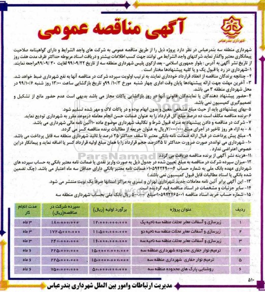 مناقصه زیرسازی و آسفالت معابر محلات ....