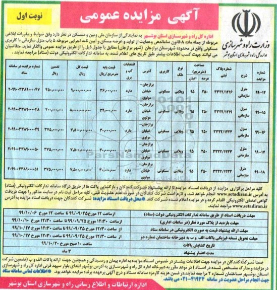 مزایده،مزایده واگذاری 5 باب منزل سازمان با کاربری مسکونی نوبت اول 