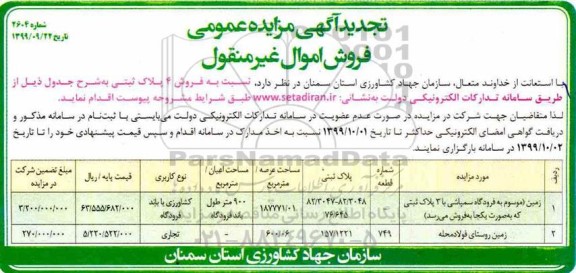 آگهی مزایده،مزایده فروش 4 پلاک ثبتی - زمین