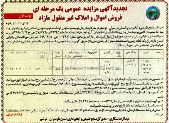 مزایده،مزایده فروش یک قطعه زمین 1144.75 مترمربع نوبت اول
