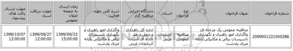 مناقصه عمومی یک مرحله ای واگذاری امور راهبری و نگهداری تاسیسات برقی و مکانیکی پایانه مرزی پلدشت