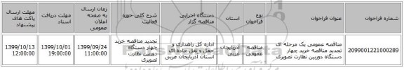 مناقصه عمومی یک مرحله ای تجدید مناقصه خرید چهار دستگاه دوربین نظارت تصویری