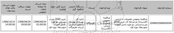 مناقصه عمومی همزمان با ارزیابی (فشرده) دو مرحله ای خرید 2000 میز و صندلی دو نفره دانش آموزی متوسطه دوره اول