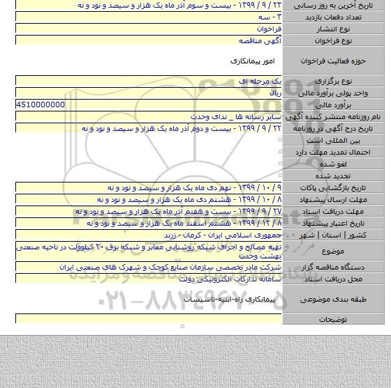 تهیه مصالح و اجرای شبکه روشنایی معابر و شبکه برق ۲۰ کیلوولت در ناحیه صنعتی بهشت وحدت