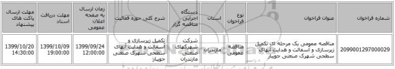 مناقصه عمومی یک مرحله ای تکمیل زیرسازی و آسفالت  و هدایت آبهای سطحی  شهرک صنعتی جویبار